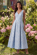 A Line Blue Floral V Neck Wedding Guest Dress