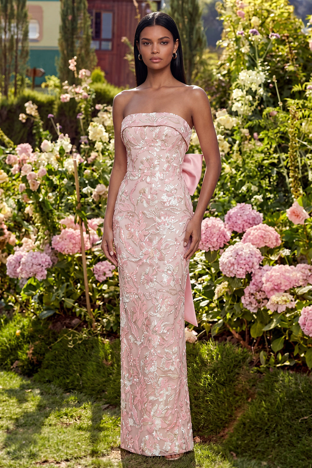 Floral Pink Strapless Bowed Wedding Guest Dress