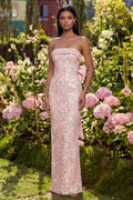 Floral Pink Strapless Bowed Wedding Guest Dress