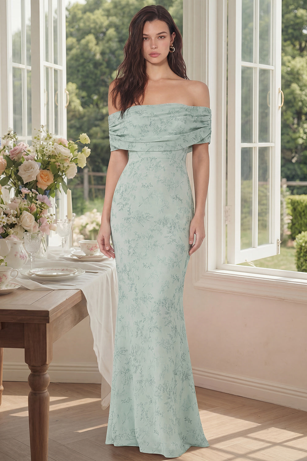 Floral Mermaid Off the Shoulder Dusty Sage Wedding Guest Dress