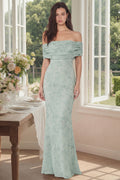Floral Mermaid Off the Shoulder Dusty Sage Wedding Guest Dress