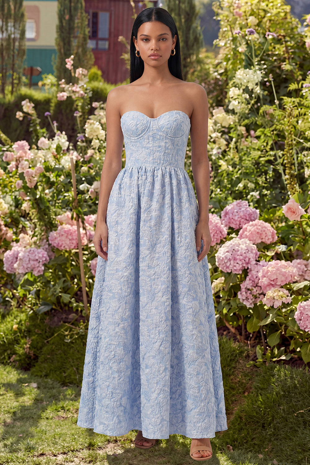 Strapless Floral Blue A Line Maxi Wedding Guest Dress