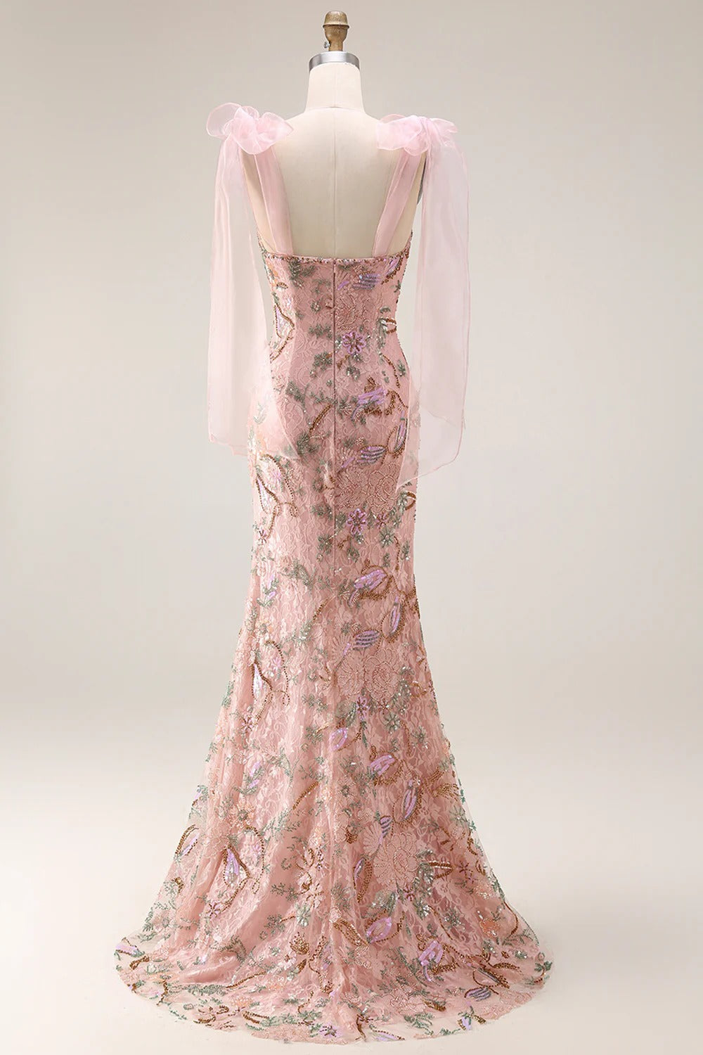 Floral Sequin Mermaid Pink Prom Dress with Bow