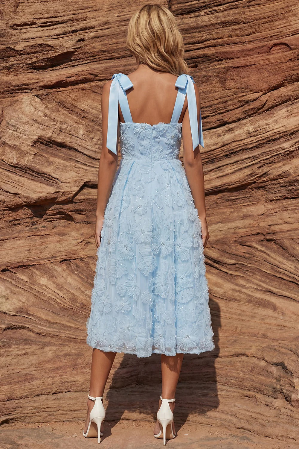 Sky Blue A Line Beaded Bowed Midi Wedding Guest Dress