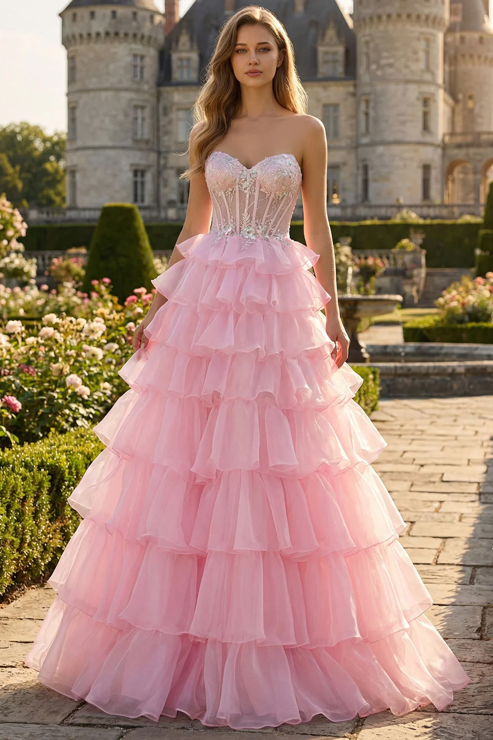 Pink Tiered Corset Appliqued Maxi Prom Dress