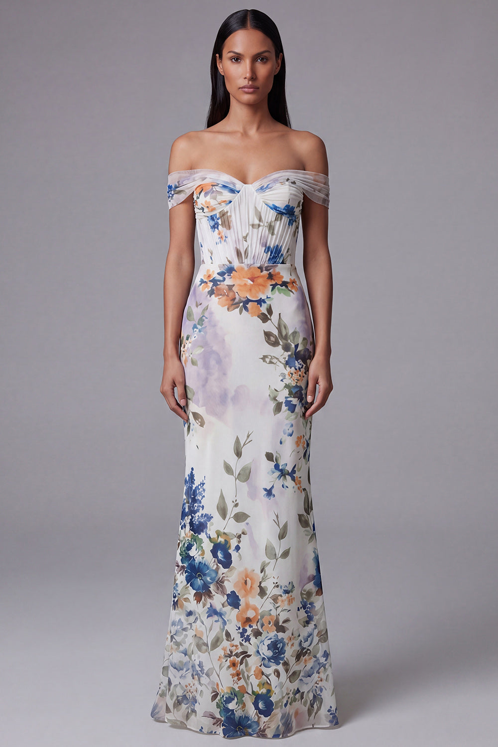 Off the Shoulder Cut Out Mermaid Black Floral Formal Dress