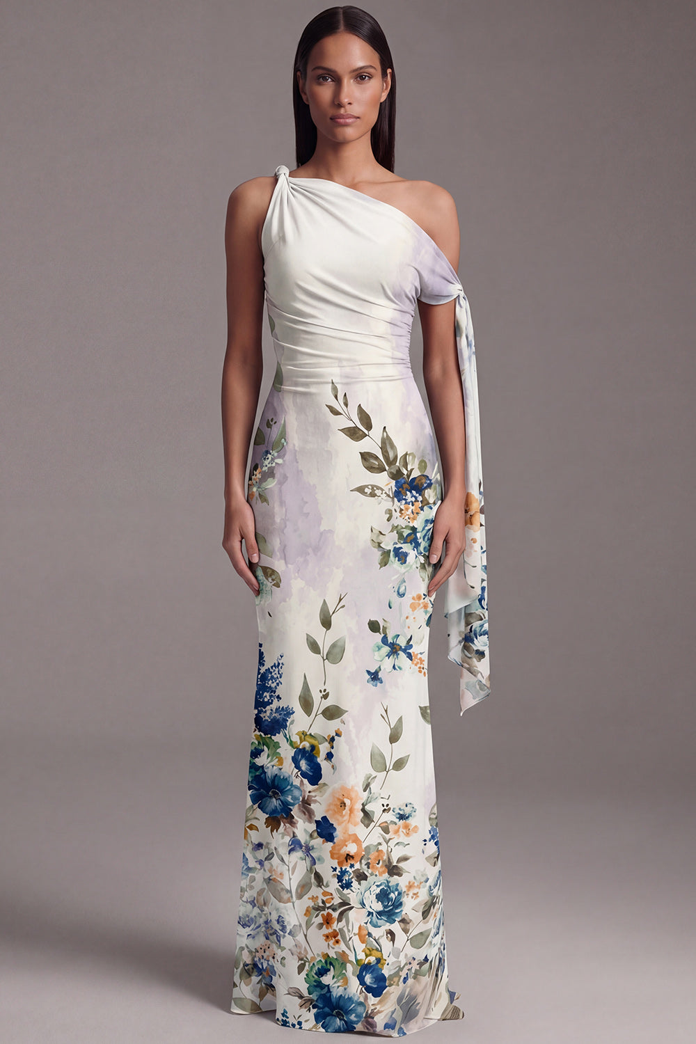 Floral Asymmetrical Neck Black Mermaid Ruched Formal Dress
