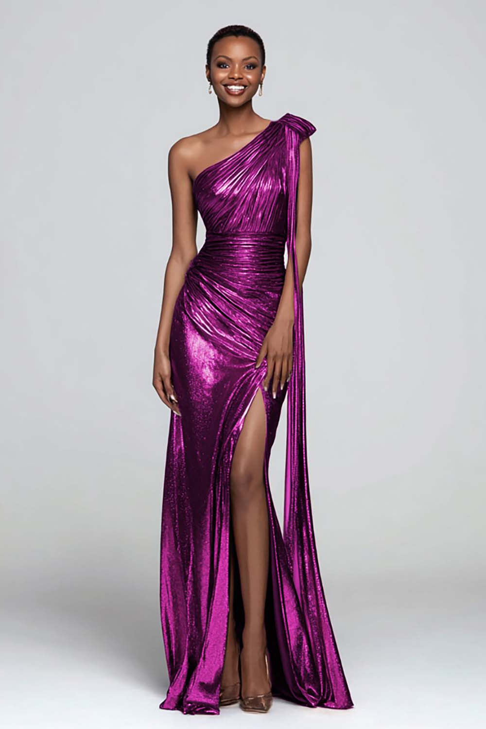 Metallic Ruched Brown One Shoulder Maxi Dress With Slit