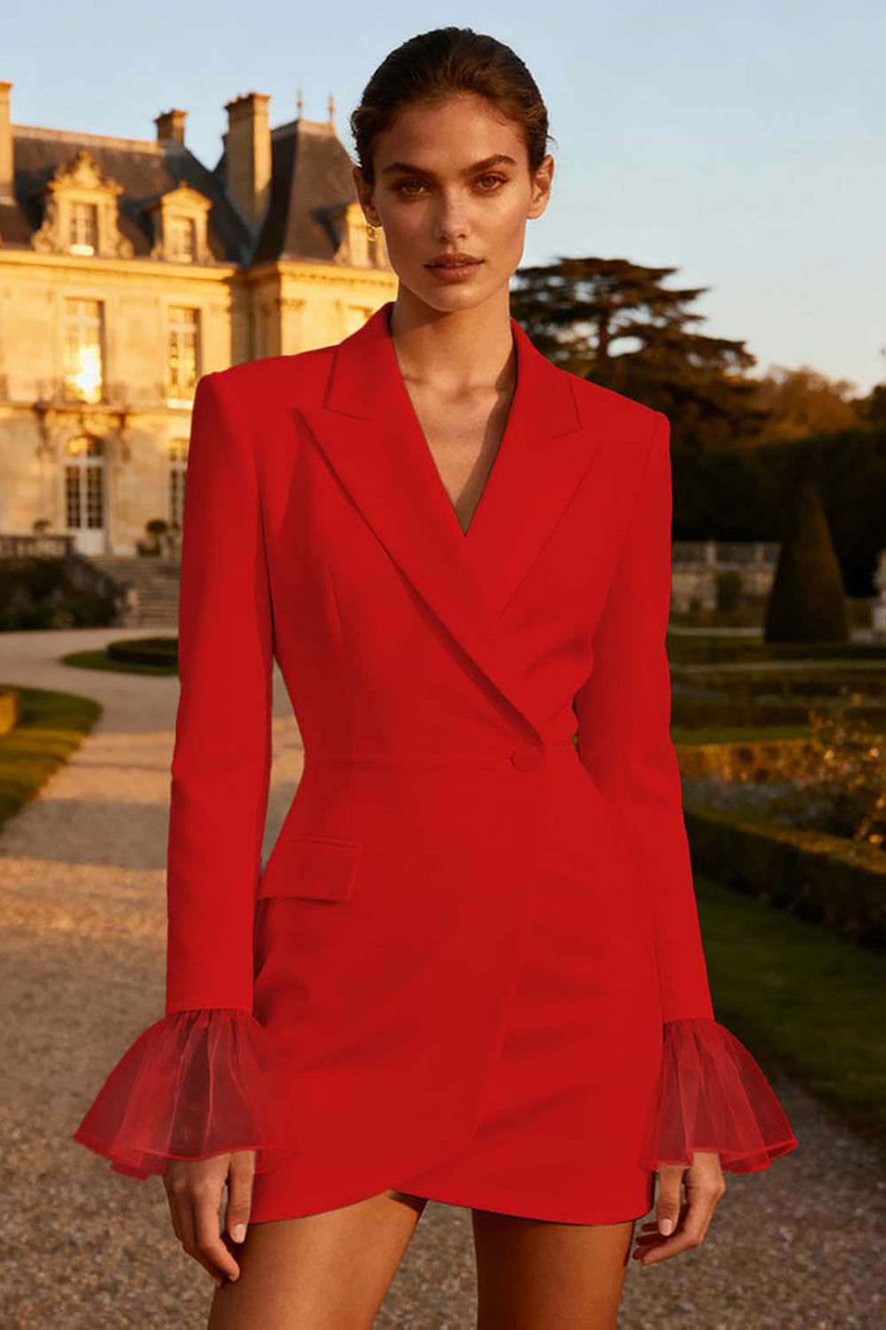White Peak Lapel Work Dress with Long Sleeves